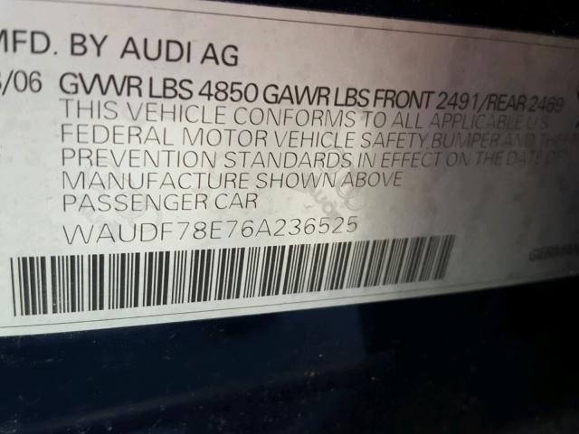 WAUDF78E76A236525 - 2006 AUDI A4 2.0T QU BLUE photo 10