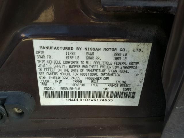 1N4DL01D7WC174655 - 1998 NISSAN ALTIMA XE MAROON photo 10