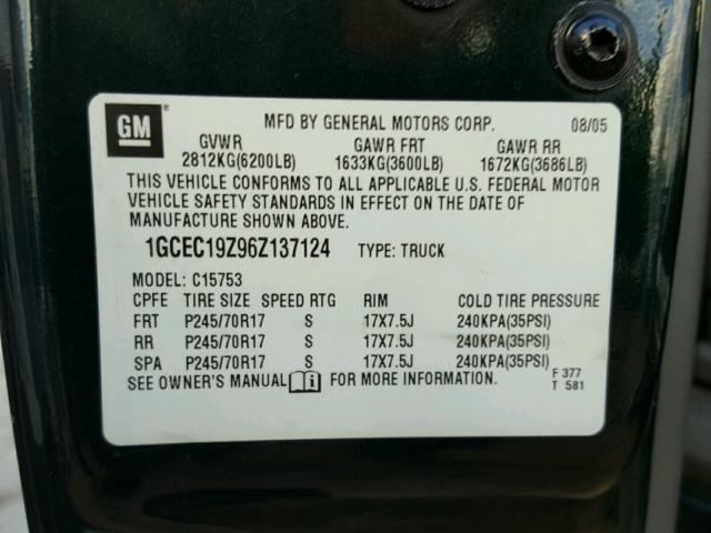 1GCEC19Z96Z137124 - 2006 CHEVROLET SILVERADO GREEN photo 10