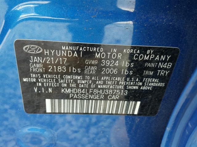 KMHD84LF8HU387513 - 2017 HYUNDAI ELANTRA SE BLUE photo 10