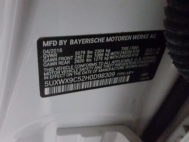 5UXWX9C52H0D98309 - 2017 BMW X3 XDRIVE2 Белый фото 10