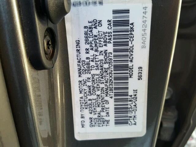 4T1BE32KX3U705973 - 2003 TOYOTA CAMRY LE ნაცრისფერი ფოტო 10