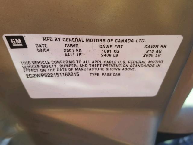 2G2WP522151163015 - 2005 PONTIAC GRAND PRIX GOLD photo 10