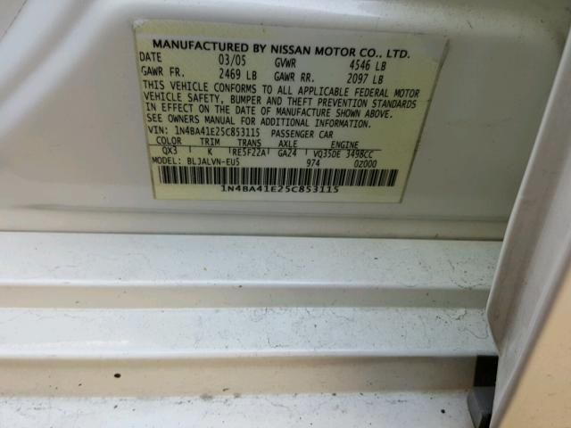 1N4BA41E25C853115 - 2005 NISSAN MAXIMA SE WHITE photo 10