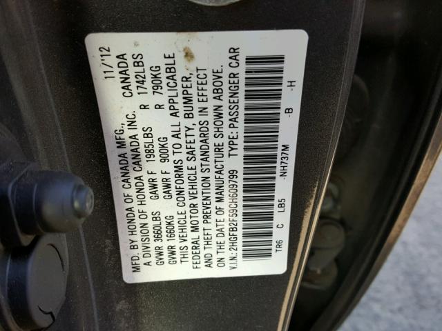 2HGFB2F59CH609799 - 2012 HONDA CIVIC LX GRAY photo 10