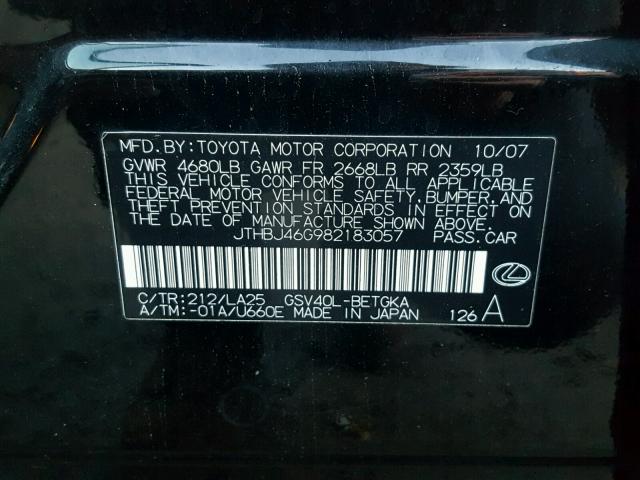 JTHBJ46G982183057 - 2008 LEXUS ES 350 BLACK photo 10