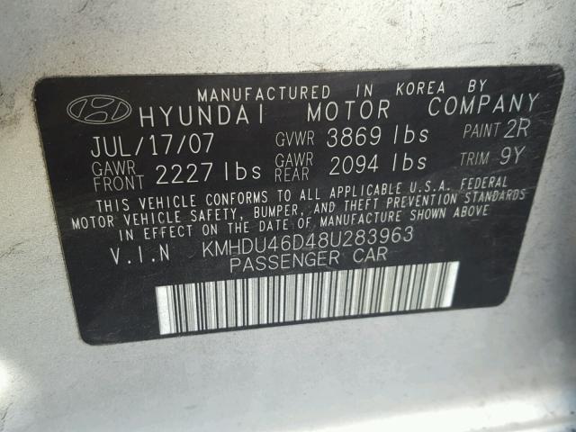 KMHDU46D48U283963 - 2008 HYUNDAI ELANTRA GL SILVER photo 10