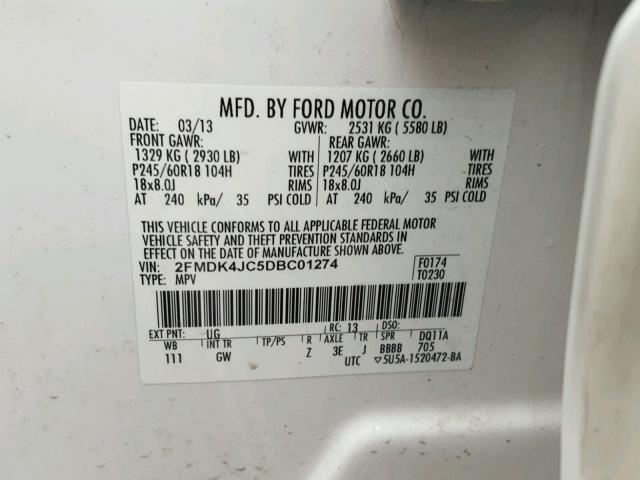 2FMDK4JC5DBC01274 - 2013 FORD EDGE SEL WHITE photo 10