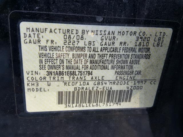 3N1AB61E68L751794 - 2008 NISSAN SENTRA 2.0 BLACK photo 10