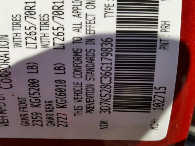 3D7KS28C36G179836 - 2006 DODGE RAM 2500 S RED photo 10