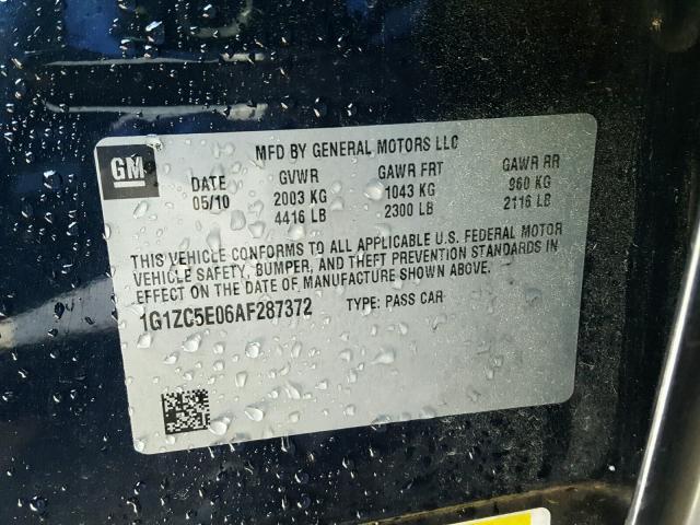 1G1ZC5E06AF287372 - 2010 CHEVROLET MALIBU 1LT BLUE photo 10