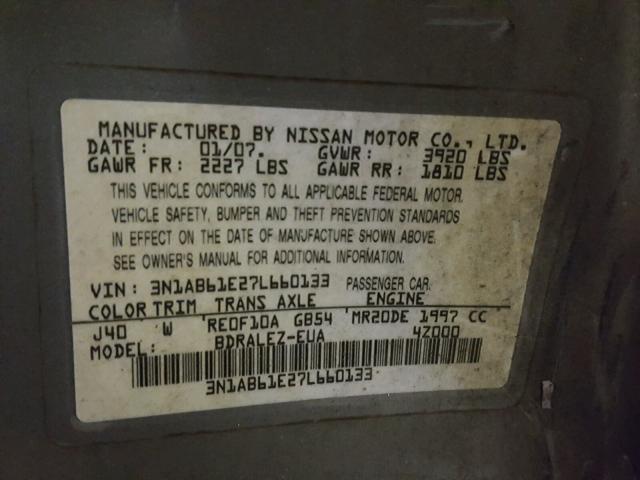 3N1AB61E27L660133 - 2007 NISSAN SENTRA 2.0 GREEN photo 10