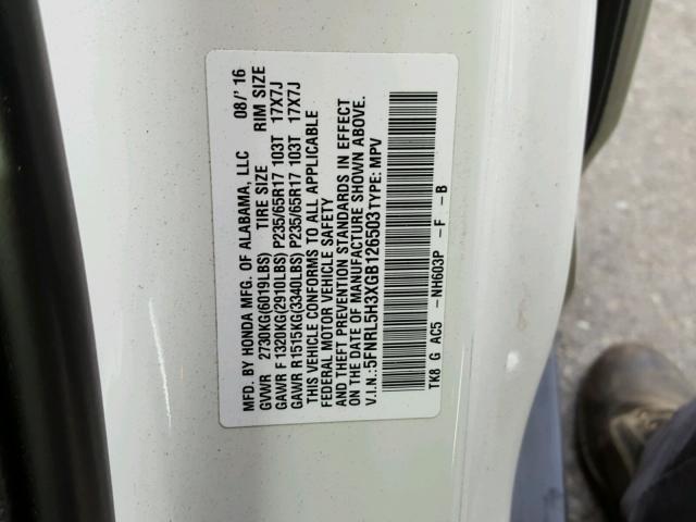 5FNRL5H3XGB126503 - 2016 HONDA ODYSSEY SE WHITE photo 10