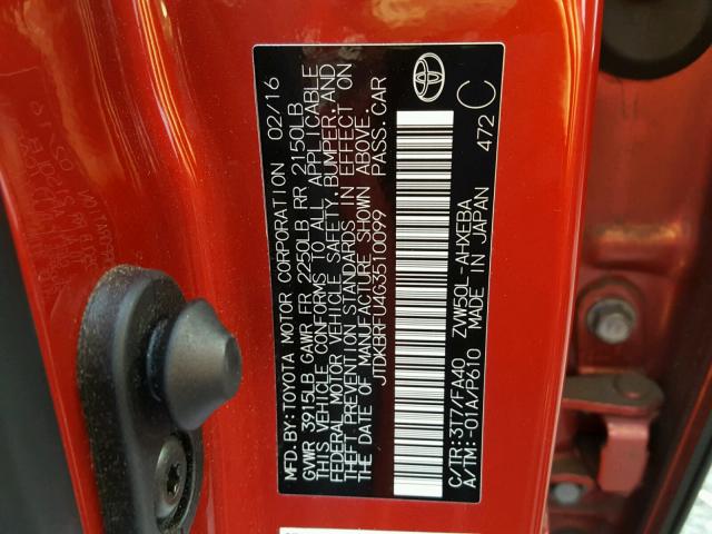 JTDKBRFU4G3510099 - 2016 TOYOTA PRIUS RED photo 10