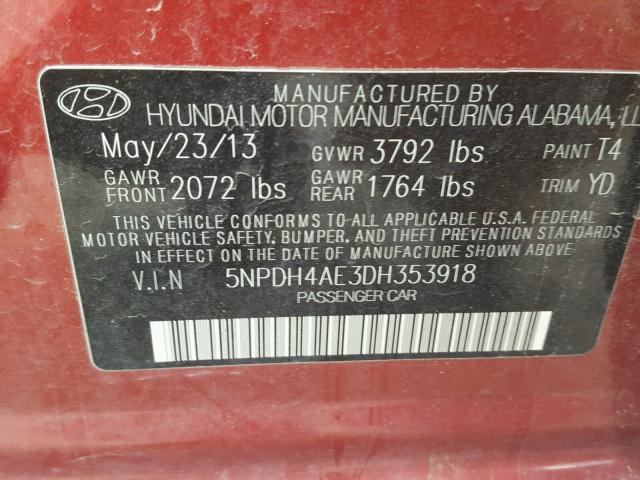 5NPDH4AE3DH353918 - 2013 HYUNDAI ELANTRA GL RED photo 10