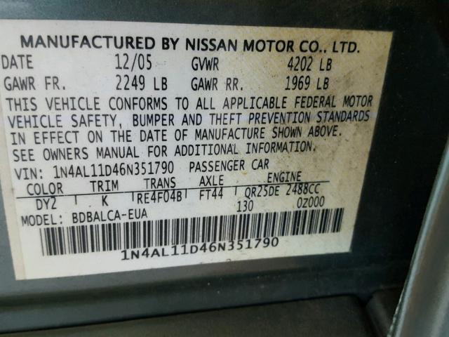 1N4AL11D46N351790 - 2006 NISSAN ALTIMA S GREEN photo 10