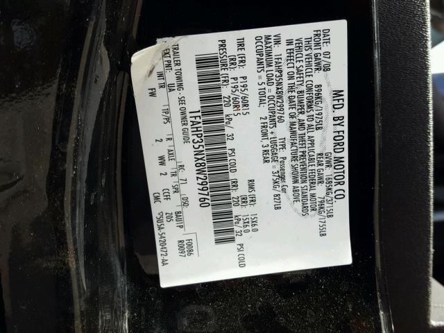 1FAHP35NX8W299760 - 2008 FORD FOCUS SE BLACK photo 10