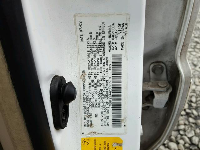 JTEHF21A420095519 - 2002 TOYOTA HIGHLANDER WHITE photo 10