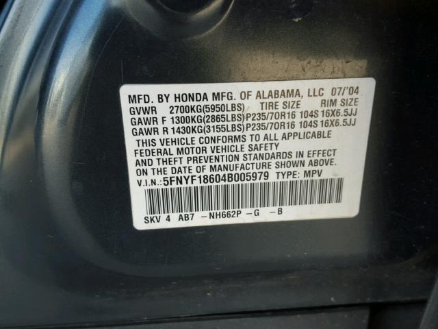 5FNYF18604B005979 - 2004 HONDA PILOT EXL GRAY photo 10