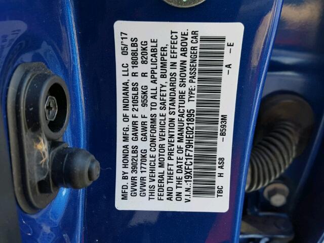 19XFC1F79HE021895 - 2017 HONDA CIVIC EXL BLUE photo 10