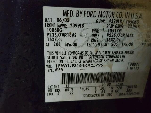 1FMYU93164KA25796 - 2004 FORD ESCAPE XLT BLUE photo 10