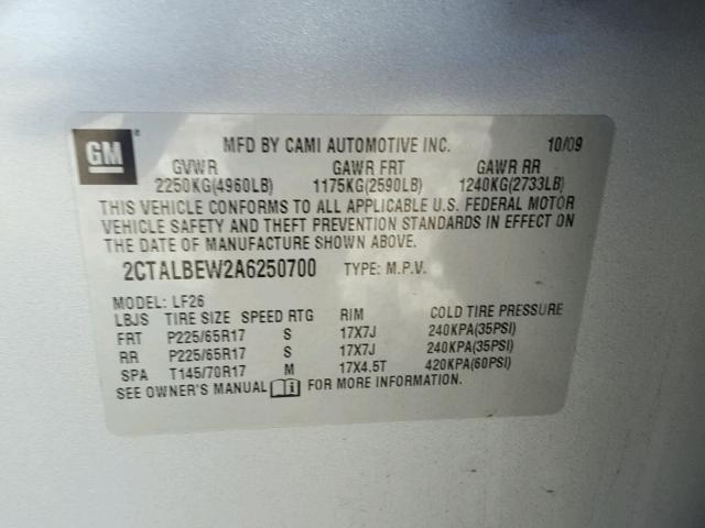 2CTALBEW2A6250700 - 2010 GMC TERRAIN SL SILVER photo 10