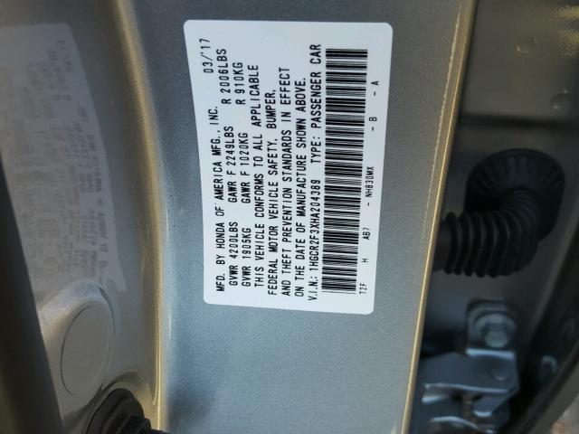 1HGCR2F3XHA204389 - 2017 HONDA ACCORD LX SILVER photo 10