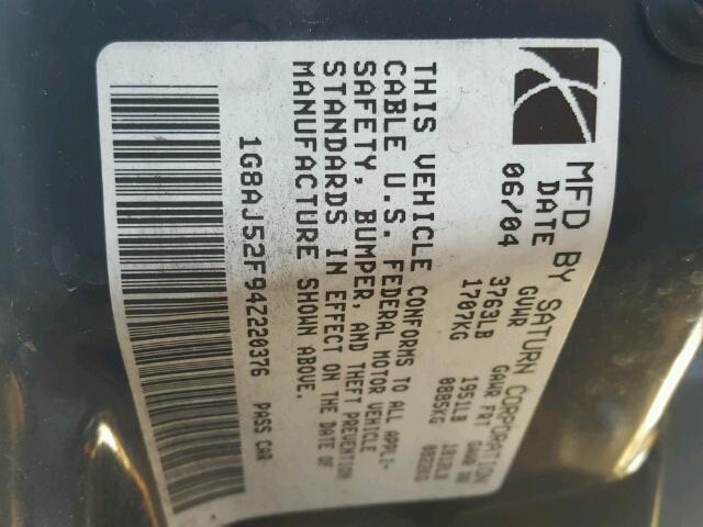 1G8AJ52F94Z220376 - 2004 SATURN ION LEVEL GRAY photo 10