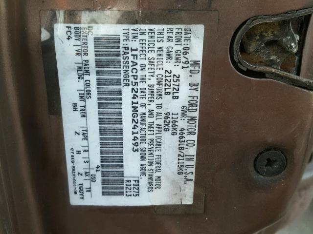 1FACP5241MG241493 - 1991 FORD TAURUS GL BROWN photo 10