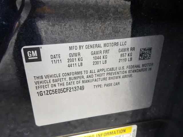 1G1ZC5E05CF213749 - 2012 CHEVROLET MALIBU 1LT BLACK photo 10