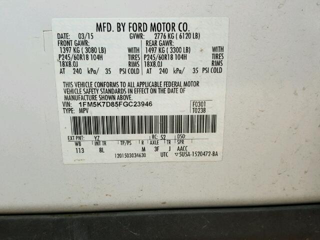 1FM5K7D85FGC23946 - 2015 FORD EXPLORER X WHITE photo 10