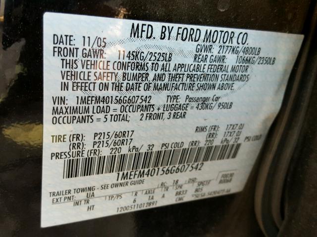 1MEFM40156G607542 - 2006 MERCURY MONTEGO LU BLACK photo 10