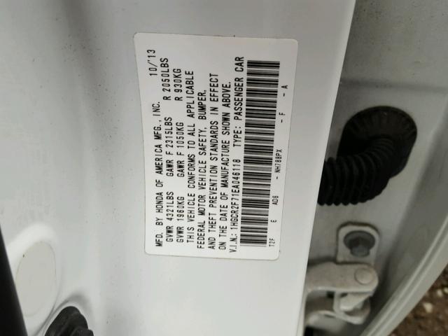 1HGCR2F71EA046118 - 2014 HONDA ACCORD EX WHITE photo 10