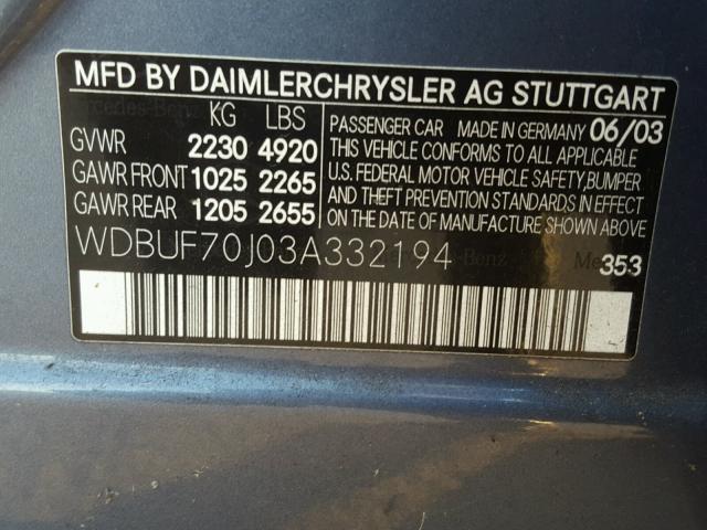 WDBUF70J03A332194 - 2003 MERCEDES-BENZ E 500 BLUE photo 10