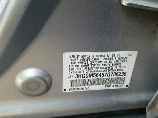 3HGCM56457G706235 - 2007 HONDA ACCORD LX SILVER photo 10