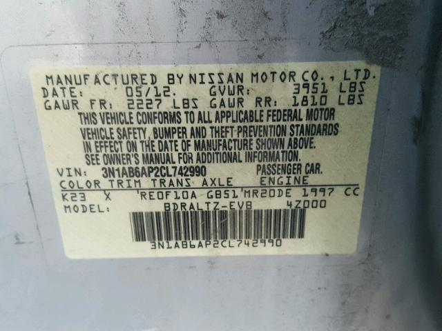 3N1AB6AP2CL742990 - 2012 NISSAN SENTRA 2.0 SILVER photo 10