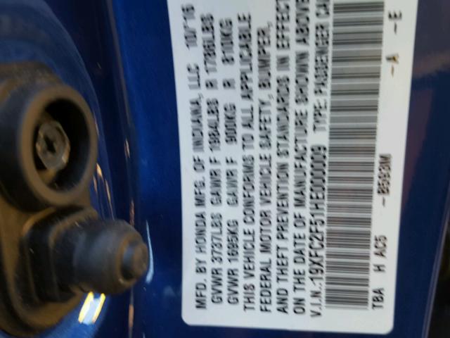 19XFC2F51HE000009 - 2017 HONDA CIVIC LX BLUE photo 10