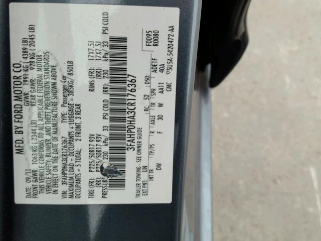 3FAHP0HA3CR176367 - 2012 FORD FUSION SE BLUE photo 10