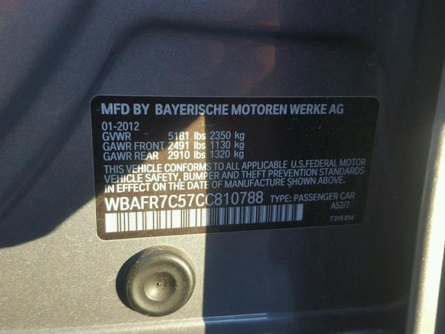 WBAFR7C57CC810788 - 2012 BMW 535 I GRAY photo 10