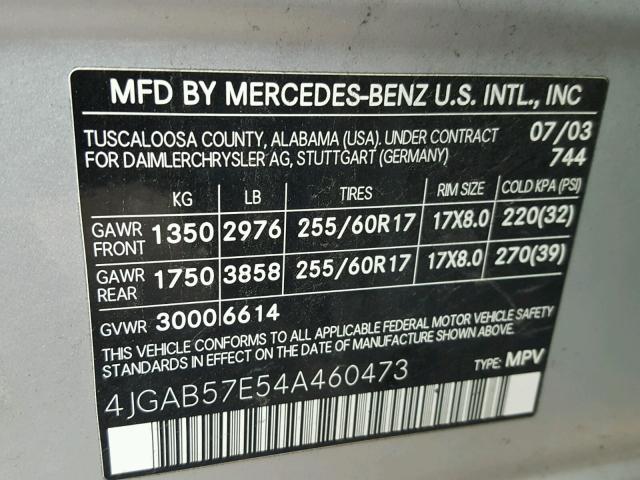 4JGAB57E54A460473 - 2004 MERCEDES-BENZ ML 350 SILVER photo 10