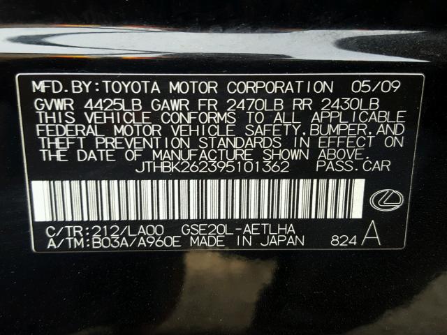 JTHBK262395101362 - 2009 LEXUS IS 250 BLACK photo 10