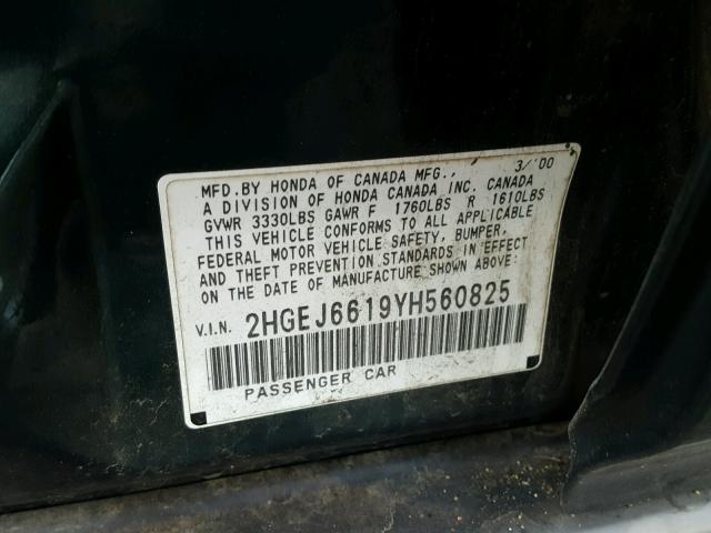 2HGEJ6619YH560825 - 2000 HONDA CIVIC BASE GREEN photo 10