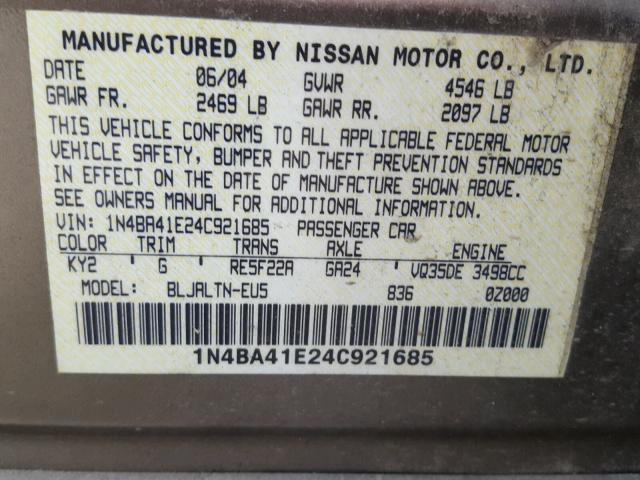 1N4BA41E24C921685 - 2004 NISSAN MAXIMA SE BEIGE photo 10