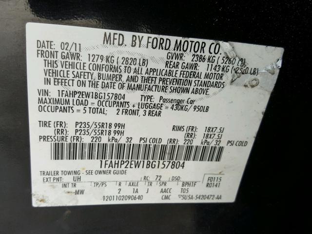 1FAHP2EW1BG157804 - 2011 FORD TAURUS SEL BLACK photo 10