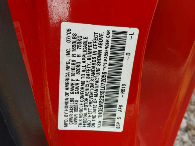 1HGEM22355L072056 - 2005 HONDA CIVIC DX V RED photo 10