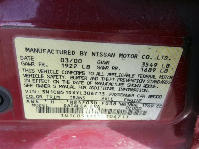 3N1CB51DXYL306713 - 2000 NISSAN SENTRA BAS RED photo 10