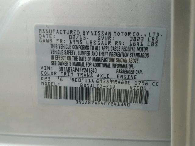 3N1AB7AP4FY241340 - 2015 NISSAN SENTRA S SILVER photo 10