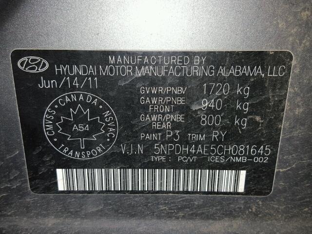 5NPDH4AE5CH081645 - 2012 HYUNDAI ELANTRA GL GRAY photo 10