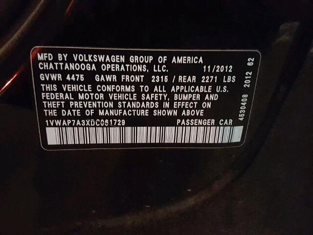 1VWAP7A3XDC061729 - 2013 VOLKSWAGEN PASSAT S Schwarz Foto 10