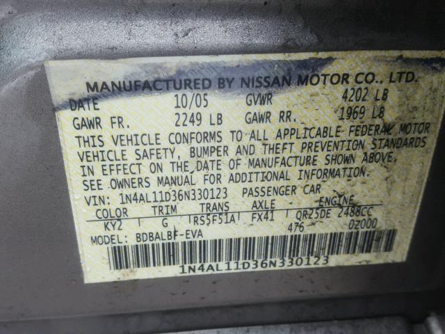 1N4AL11D36N330123 - 2006 NISSAN ALTIMA S TAN photo 10